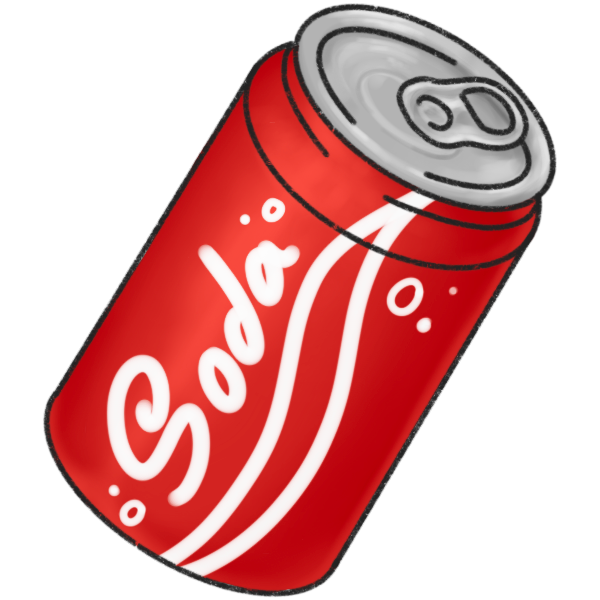 a red soda can with a white wavy design underneath the word 'soda,' which is written up the side. 